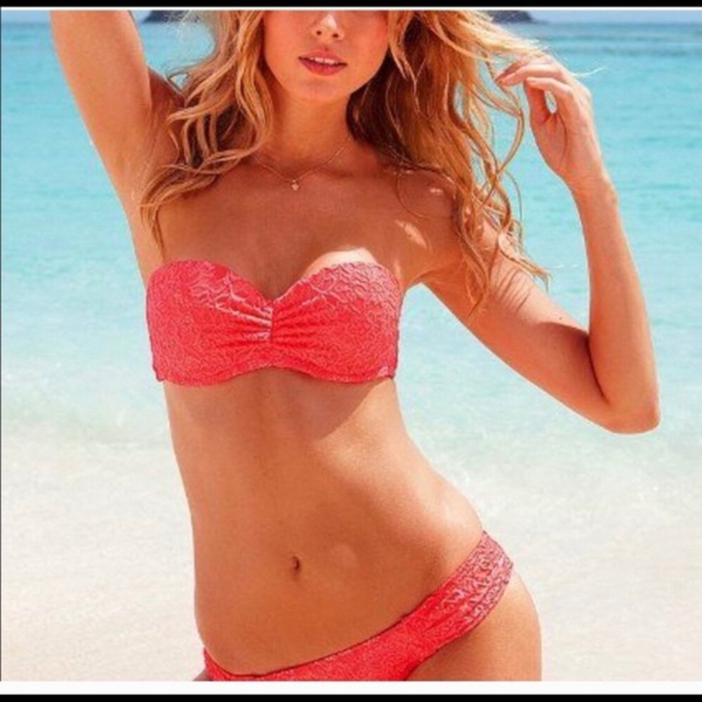 Neon Pink/Coral Victoria’s Secret Lace Strapless Bikini Top